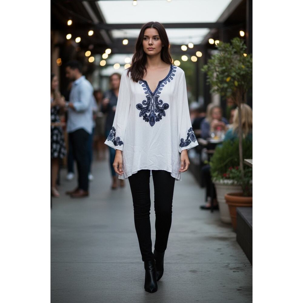 Chico’s Gauze Beaded Embellished Tunic Top Sz L Alabaster V-Neck 3/4 Sleeve NWT